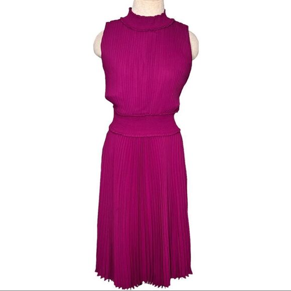 NANETTE LEPORE Pleated Dress Size 6 Sleeveless Smock High Neck Midi Burgundy - Picture 1 of 8